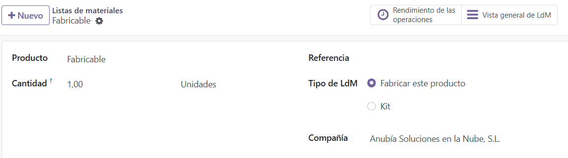 Lista de materiales de tipo Fabricar este producto en Odoo