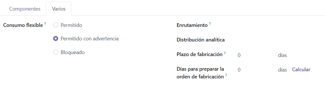 Pestaña Varios de la lista de materiales: consumo flexible, enrutamiento y plazos de fabricación