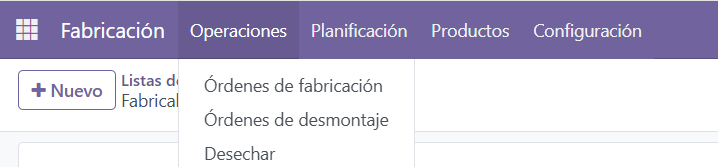 Menú Fabricación > Operaciones > Órdenes de fabricación en Odoo
