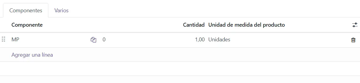 Pestaña Componentes de la lista de materiales en Odoo