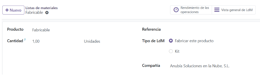 Formulario de lista de materiales de tipo Fabricar este producto en Odoo