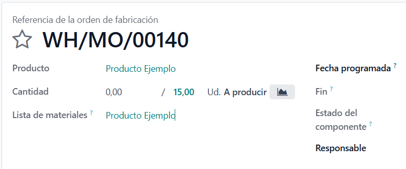 Nueva orden de fabricación con producto y lista de materiales en Odoo