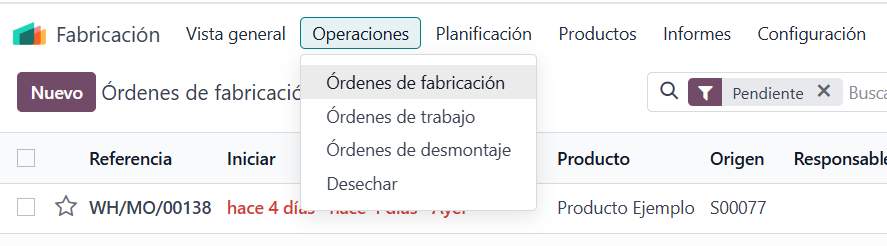 Menú Operaciones de Odoo Fabricación con órdenes de fabricación y órdenes de trabajo