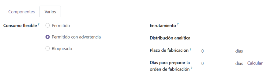 Pestaña Varios de la lista de materiales: consumo flexible y días de preparación