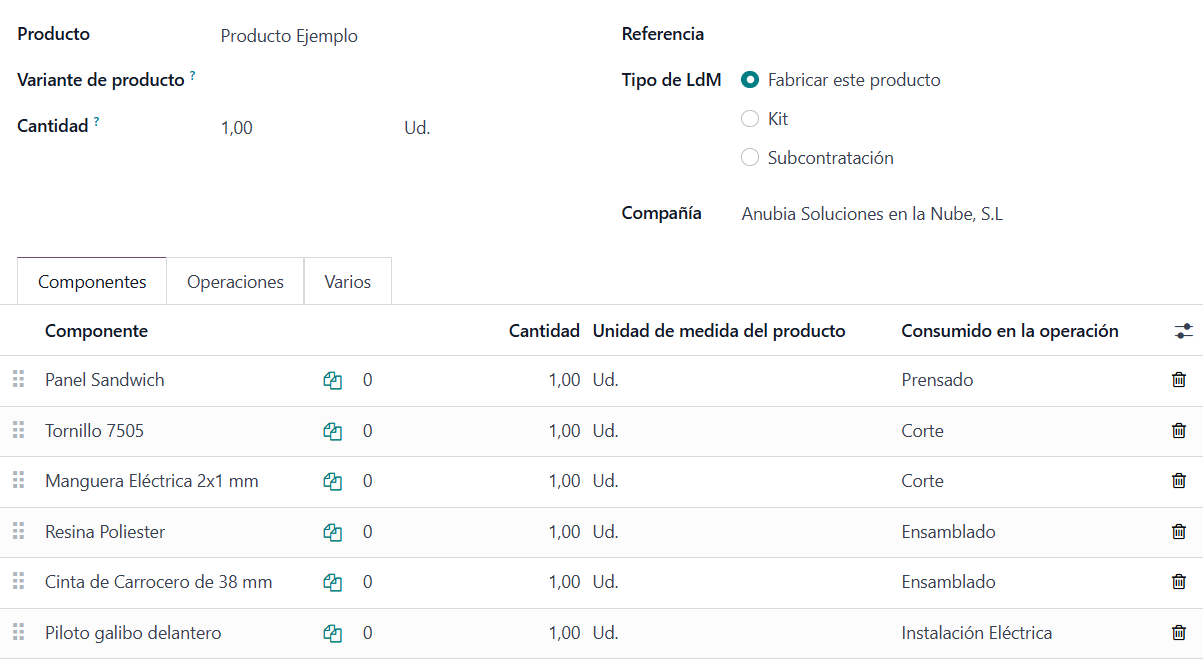 Componentes de la lista de materiales con el campo Consumido en la operación
