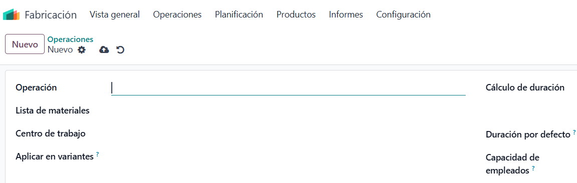 Formulario de nueva operación en Odoo con lista de materiales y centro de trabajo