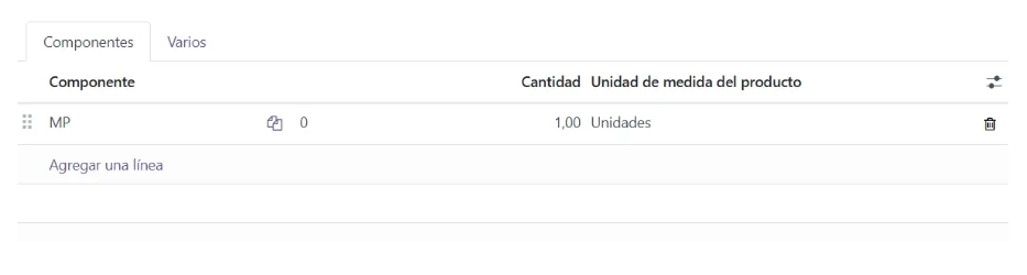 Pestaña Componentes de la lista de materiales en Odoo