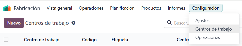 Menú Fabricación > Configuración > Centros de trabajo en Odoo