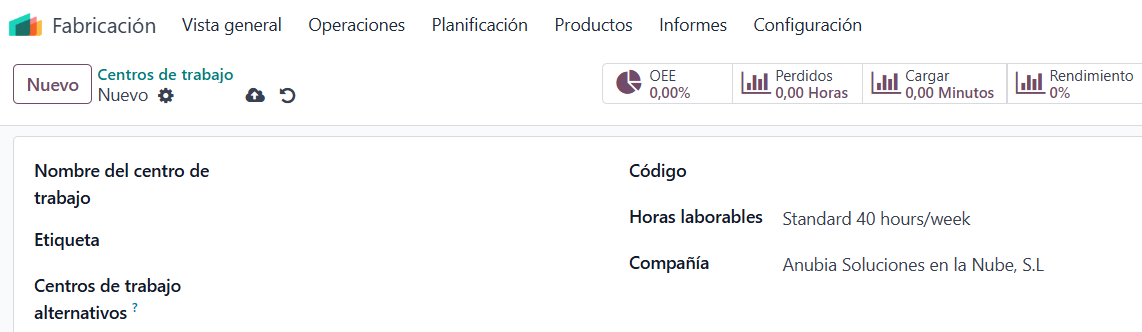 Formulario de nuevo centro de trabajo en Odoo Fabricación