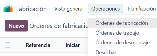 Menú Fabricación, Operaciones, Órdenes de fabricación en Odoo