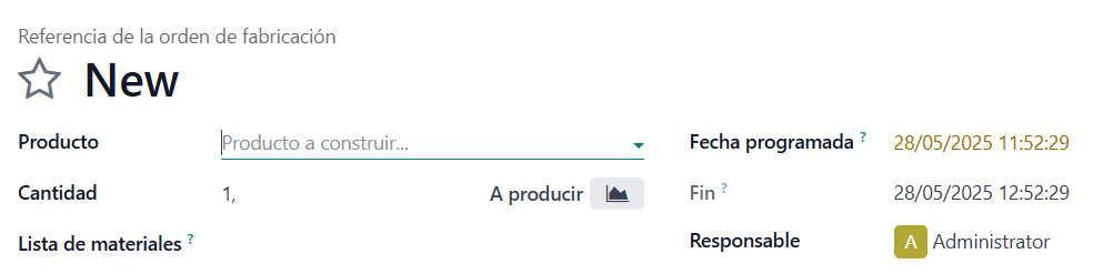 Formulario de nueva orden de fabricación en Odoo