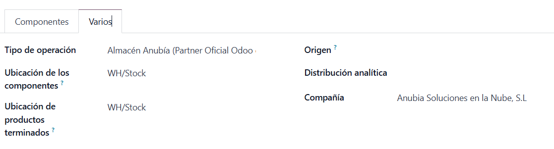 Pestaña Varios de la orden de fabricación: tipo de operación y ubicaciones