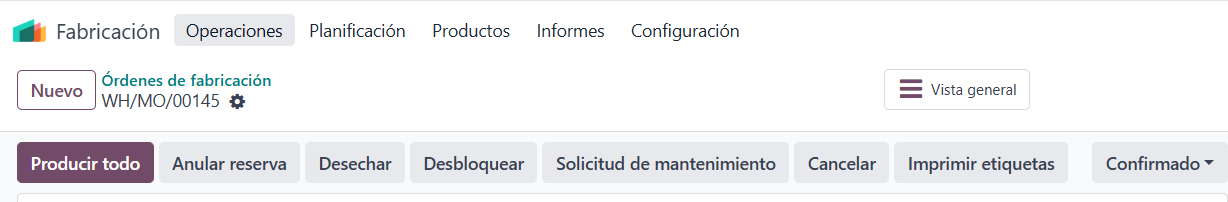 Orden de fabricación confirmada con el botón Producir todo en Odoo