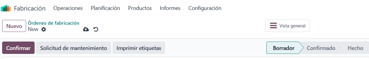 Orden de fabricación en estado Borrador en Odoo