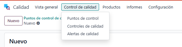 Menú Calidad > Control de calidad > Puntos de control en Odoo