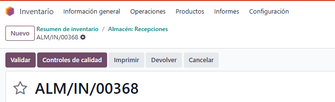 Botón Controles de calidad en un albarán de recepción de Odoo