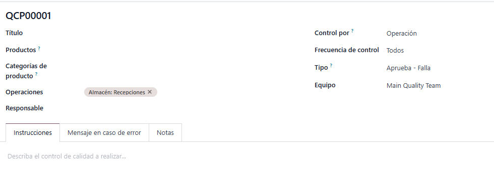 Formulario de punto de control de calidad en Odoo vinculado a recepciones
