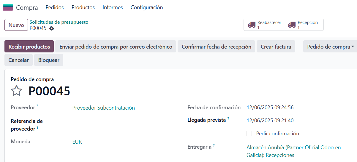 Pedido de compra de subcontratación con los botones Reabastecer y Recepción
