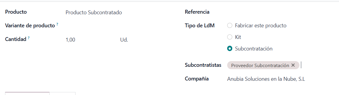 Lista de materiales de tipo Subcontratación con su subcontratista en Odoo