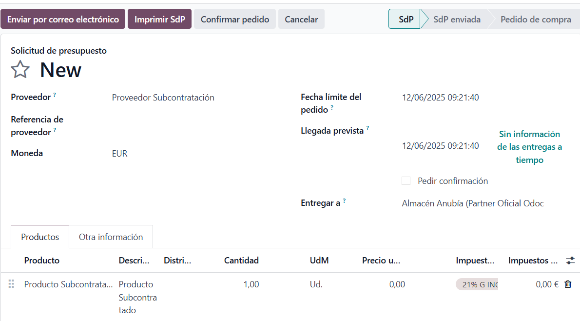 Solicitud de presupuesto al proveedor subcontratista en Odoo Compra