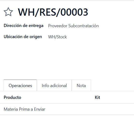 Albarán de envío de materia prima al subcontratista en Odoo
