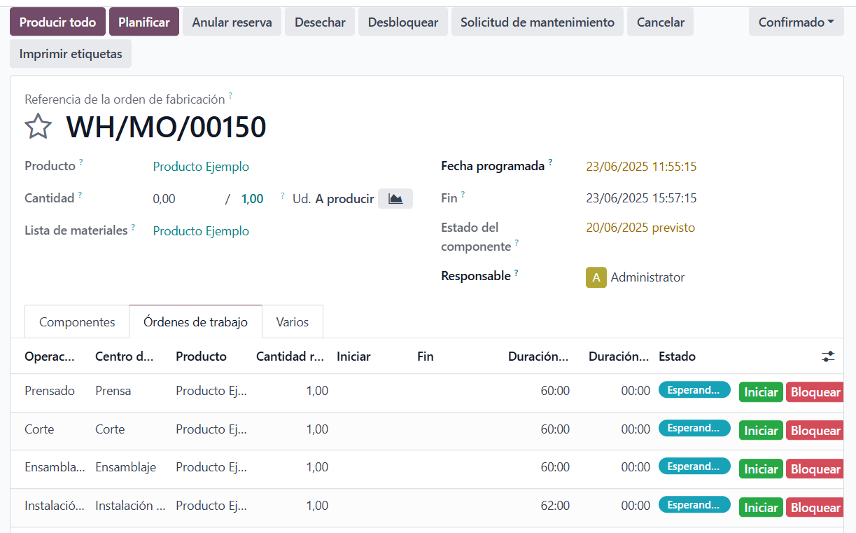 Orden de fabricación con sus cuatro órdenes de trabajo en Odoo Orden de fabricación con sus cuatro órdenes de trabajo en Odoo