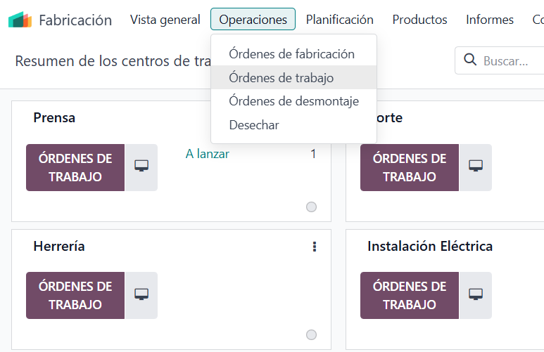 Menú Órdenes de trabajo y resumen de los centros de trabajo en Odoo Fabricación Menú Órdenes de trabajo y resumen de los centros de trabajo en Odoo Fabricación