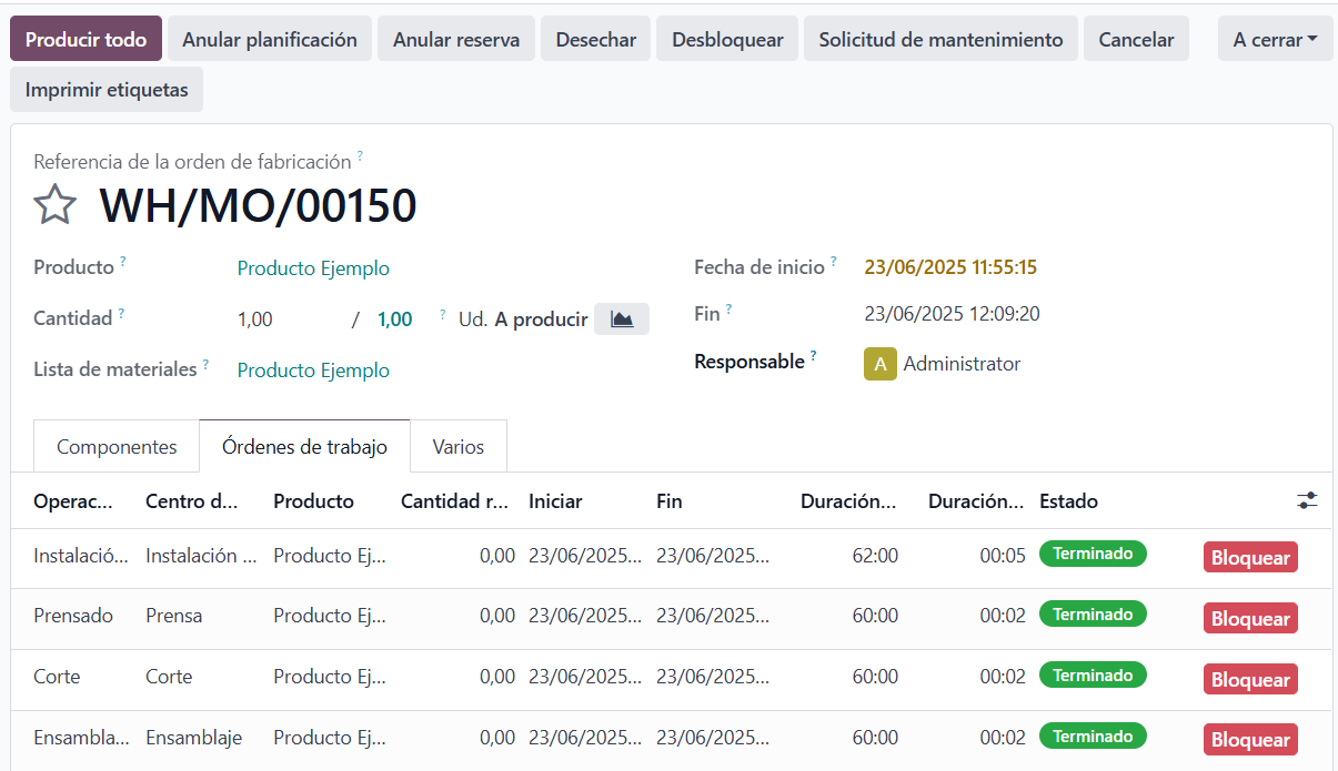 Orden de fabricación en estado A cerrar con todas las órdenes de trabajo terminadas Orden de fabricación en estado A cerrar con todas las órdenes de trabajo terminadas