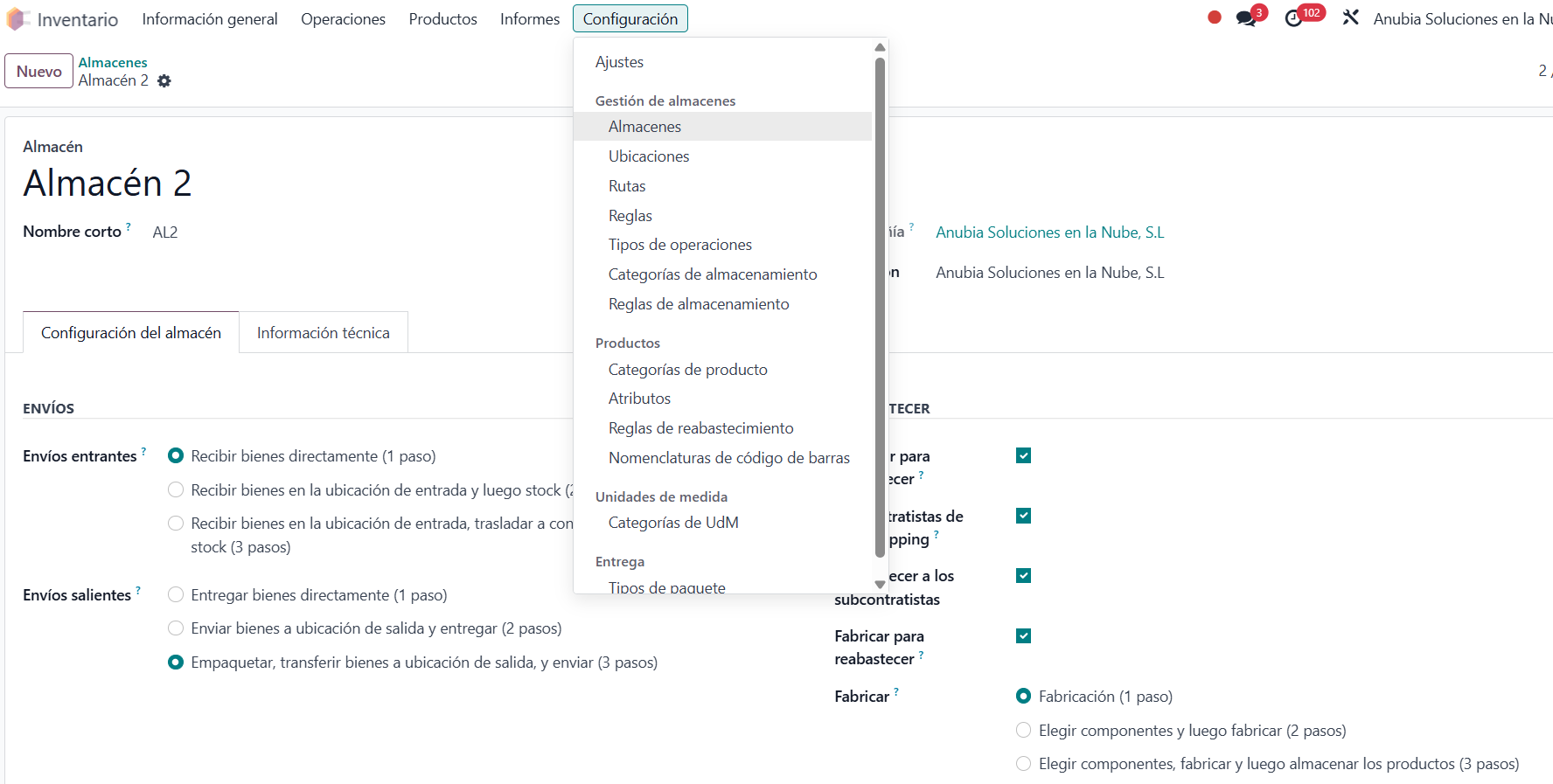 Configuración del almacén en Odoo Inventario: fabricación en tres pasos