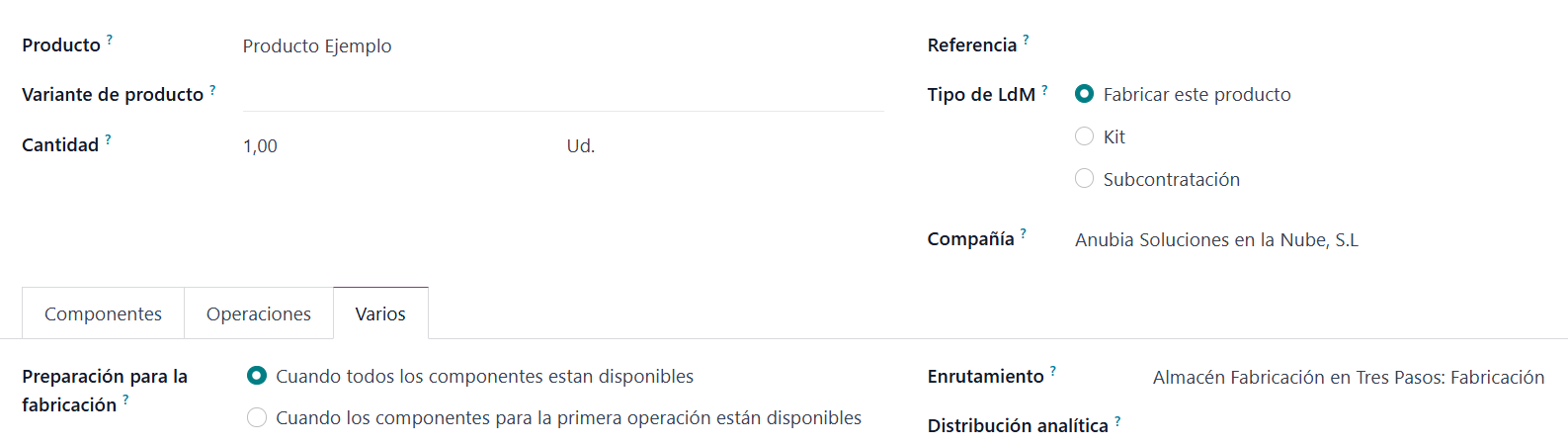 Campo Enrutamiento de la lista de materiales en Odoo