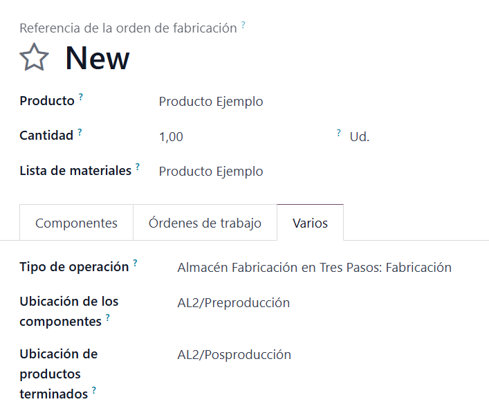Ubicaciones de componentes y productos de la orden de fabricación en Preproducción y Posproducción
