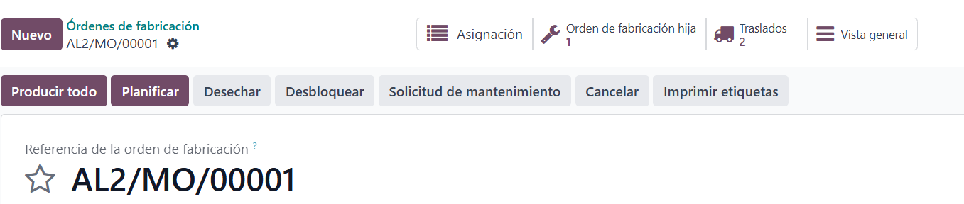 Orden de fabricación con el botón Traslados en Odoo